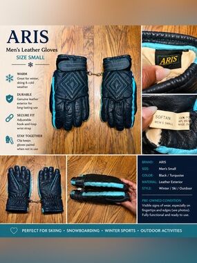 Aris Men's Black & Turquoise Leather Winter Gloves